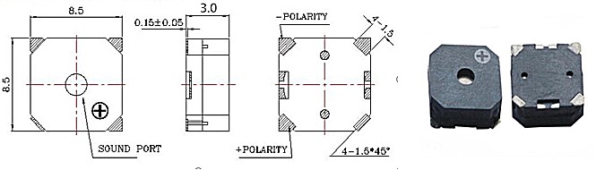 MLT‑8530H series passive electromagnetic SMD buzzer top and bottom views